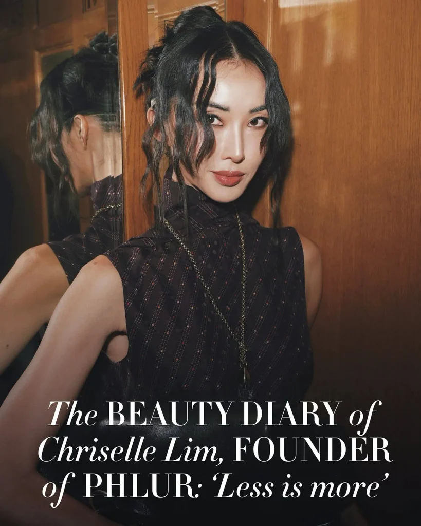 Chriselle Lim with a wavy updo and a dark patterned top beside a beauty diary headline